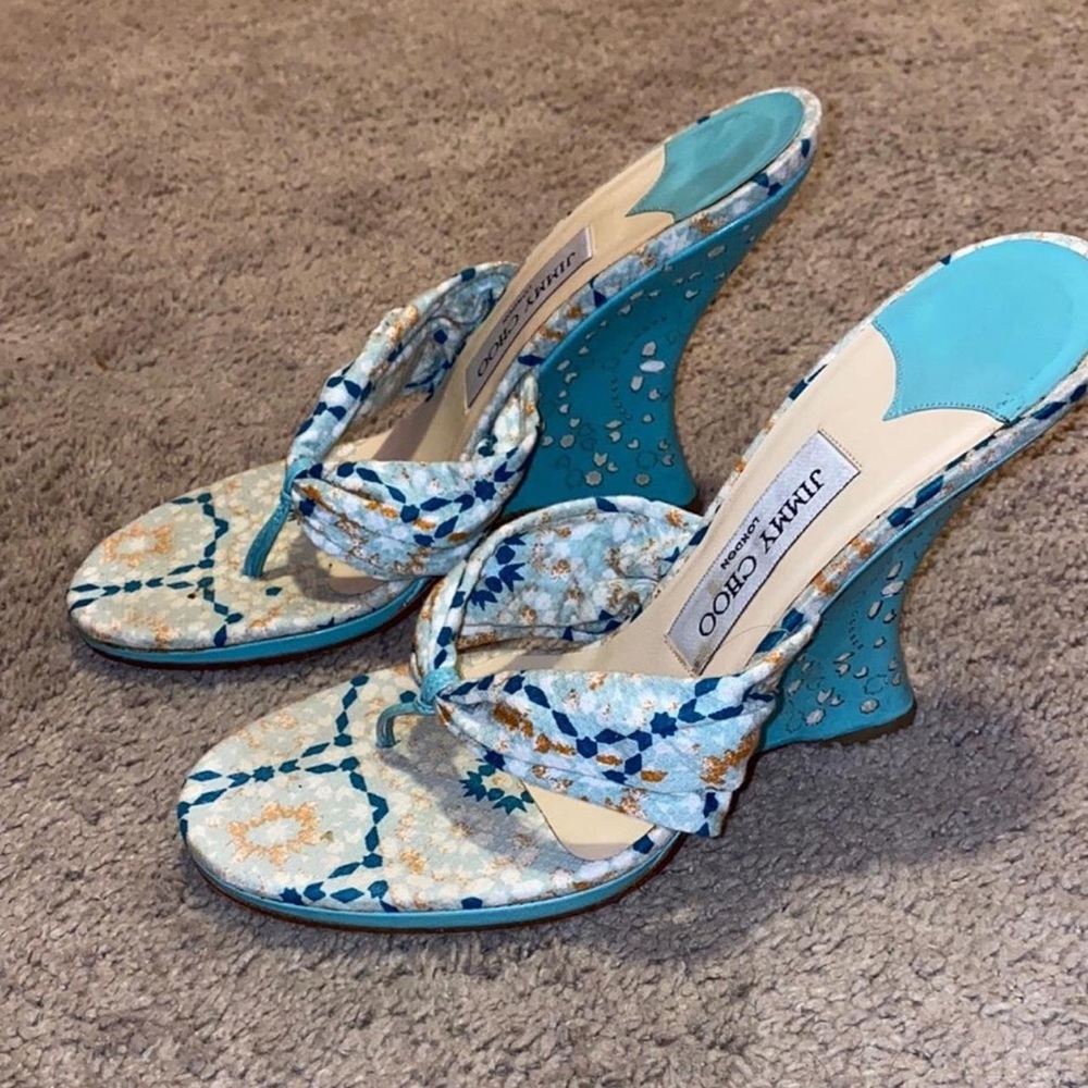 Jimmy Choo Teal and Cream Patterned Heels
